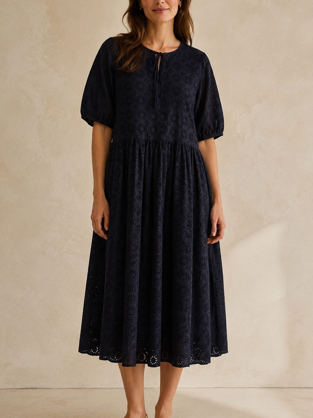 Barbour Hazel Eyelet Midi Dress with Puff Sleeves in Black Size 12